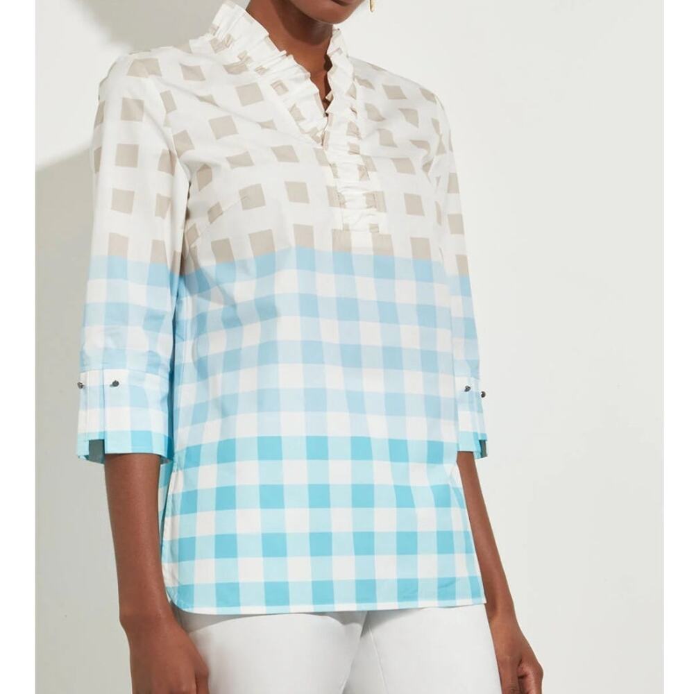 Ming Wang Gingham Ruffle Collar Top Blouse Relaxed Cotton Blue Popover XXS NWT